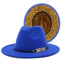 Detail of blue wool fedora featuring leopard print lining and golden rhinestone buckle - Sapphire Blue