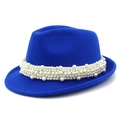 Fashionable Klein blue wool fedora hat for women with elegant white pearl trim decorations - Sapphire Blue