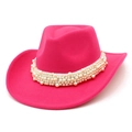 Detailed close-up of pink felt cowboy hat featuring intricate multi-size pearl bead band - One Size / Rose Red