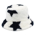 Close-up of black star pattern on fuzzy white faux rabbit fur winter bucket hat for women - One Size / White