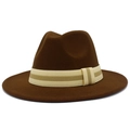 Detail of wool fedora hat with a classic striped ribbon band and retro elegant buckle - Coffee