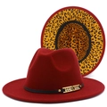 Detail of dark red fedora featuring leopard print lining and golden buckle with rhinestones - Burgundy
