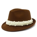 Detailed view of dark brown wool fedora hat featuring multi-layered white pearl beaded band - Coffee