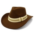 Detail of dark brown felt cowboy hat with textured surface and striped woven band - Coffee