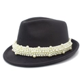 Elegant black wool fedora jazz hat for women featuring a stylish pearl beaded band decoration - Gray