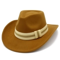 Detail of western wool fedora hat featuring a striped woven band and curved wide brim - Brown