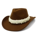 Brown wool-like western cowboy hat featuring a wide white pearl decorative band - One Size / Coffee