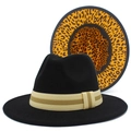 Detail of wool fedora hat with black crown and leopard print underbrim with decorative band - One Size / Black
