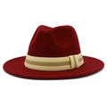 Detailed close-up of wine red wool fedora hat featuring a striped woven band decoration - Burgundy
