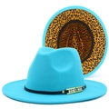 Detail of blue fedora hat with leopard print brim and gold metal decorative buckle - Sky Blue