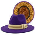 Fashionable purple wool fedora hat with leopard print lining and decorative ribbon band - One Size / Purple
