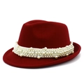 Elegant wine red wool jazz hat for women with luxury white pearl decorative band - Burgundy