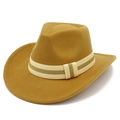 Classic wide brim felt fedora hat in mustard yellow with striped woven band trim - Khaki