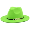 Detail view of neon green fedora hat featuring a black band with rhinestone gold buckles - Fluorescent Green