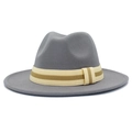 Detailed view of gray wool fedora hat with a striped woven band and wide flat brim - Gray