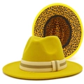 Yellow wool fedora hat with leopard print lining and striped band on white background - One Size / Yellow