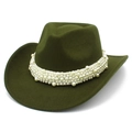 Detail of dark green felt western cowboy hat with multi-layer faux pearl band decoration - One Size / Army Green