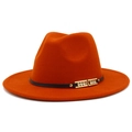 Detail of orange fedora wool hat featuring black band with gold rhinestone buckle - Dark Orange