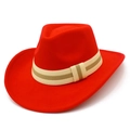 Classic red wool felt western cowboy hat with curved brim and striped band for adults - Red