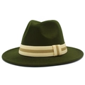 Detailed macro view of dark green wool fedora with a striped beige ribbon band - Army Green
