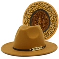 Detail of fedora hat showing leopard print brim, black ribbon, and golden rhinestone buckle - Brown