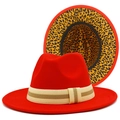 Red wool fedora hat with leopard print lining and striped band for classic fashion - One Size / Red