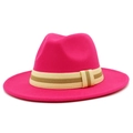 Detail of fuchsia wool jazz hat with a striped beige and brown textured band - Rose Red