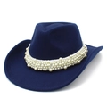 Navy blue wool felt cowboy hat with elegant pearl embellishments and curved brim - One Size / Dark Blue