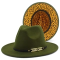 Detail of army green fedora hat featuring leopard print lining and rhinestone gold buckle - Army Green