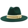 Detalle de sombrero Fedora de lana verde oscuro con cinta de rayas beige y marrón clásica - Verde Oscuro