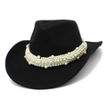 Detail of western cowboy hat featuring luxury faux pearl decorative band on black felt - One Size / Black