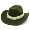 Dark green western felt cowboy hat featuring a vintage wide brim and pearl bead band decoration - Army Green