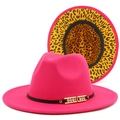 Detail of rose red wool felt fedora featuring gold buckle and leopard print brim lining - Rose Red