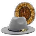 Classic light grey wool fedora hat with leopard print brim and gold buckle strap - Gray