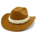 Close-up of tan felt cowboy hat featuring elegant multi-row faux pearl embellishments - Brown