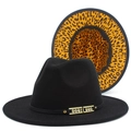 Detail of black wool fedora with leopard print brim lining and rhinestone buckle - Black