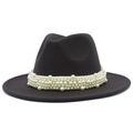 Detalle del sombrero Fedora de lana de ala ancha con elegantes adornos de perlas - Gris oscuro