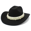 Detail of black wool felt cowboy hat with elegant multi-size pearl beaded headband decoration - Black
