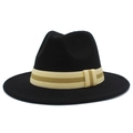 Detail of black wool fedora hat featuring a vintage beige and brown striped decorative band - Black
