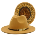 Classic camel fedora hat with elegant black belt buckle and leopard print lining detail - Khaki