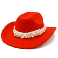 Classic bright red wool felt cowboy hat with elegant faux pearl band decoration - Red