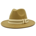 Close-up of khaki wool felt fedora with stylish striped woven band and flat brim - Camel