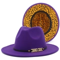 Detail of purple fedora hat with leopard print underbrim and rhinestone metal buckle - Purple