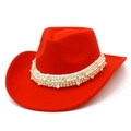 Red wool felt western cowboy hat with elegant pearl embellishments and curved brim - One Size / Red