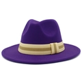 Detail of purple wool fedora hat with striped woven band and elegant side knot trim - Purple