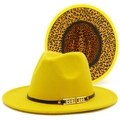 Bright yellow wide brim fedora with leopard print lining and rhinestone leather band - Yellow