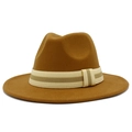 Detail of wool fedora hat featuring a stylish dual-tone striped ribbon band and brim - Brown