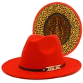 Red wool fedora hat with leopard print underbrim and rhinestone buckle belt accessory - Red