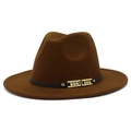 Detailed close-up of brown wool fedora with black band and rhinestone gold buckles - Coffee
