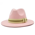 Detail view of pink wool fedora hat with striped band and classic wide flat brim - Pink